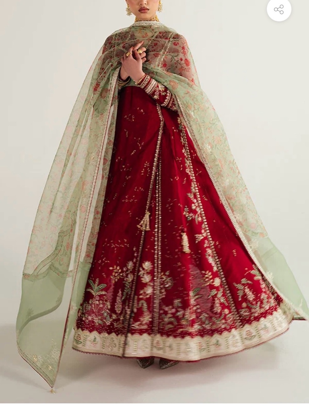 Embroidered Red Maxi Dress with Mint Sheer Dupatta